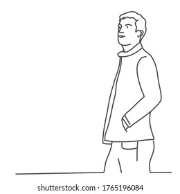 Young man is standing, hands in pockets. Line drawing vector illustration.