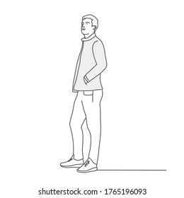 Young Man Is Standing, Hands In Pockets. Line Drawing Vector Illustration.