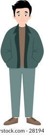 Young Man Standing with Hands in Pockets Flat Vector Illustration