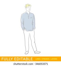 Young man is standing, hands in pockets. Office life. Sketch lineart illustration of character. Fully editable outlines, saved brushes and layers.