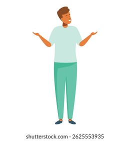 Young man is standing with his arms outstretched, palms up, as if presenting or offering something