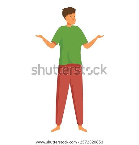 Young man is standing with his arms outstretched and a confused expression on his face, as if he doesn't know what to do