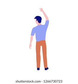 Young man standing with his back and pointing or holding something with his hand in flat style isolated on white background. Vector illustration of male character showing or attaching some object.