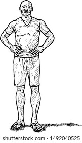 A young man standing with his hand on his hips. Hand drawn vector illustration. 