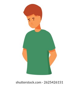 Young man is standing with his head down and a sad expression