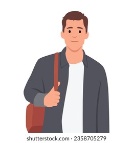 Young man standing holding bag and ready to go to work. Flat vector illustration isolated on white background