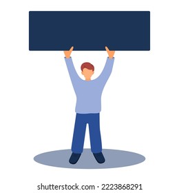 A young man standing and holding blank banner. Flat cartoon colorful vector illustration.