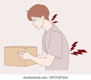 Hombre joven de pie, sosteniendo la caja, sufriendo de dolor de cuello, dolor de espalda baja, dolor crónico, dolor de espalda. Dibujado a mano Ilustración vectorial de personaje de dibujos animados.