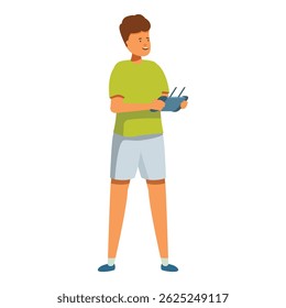 Young man is standing and holding a drone remote controller, enjoying his free time