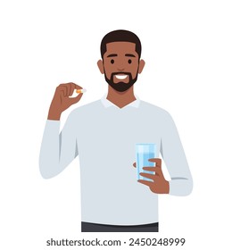 Hombre joven de pie y sosteniendo un vaso de agua y cápsula de píldora analgésico o medicamento vitamínico en las manos. Ilustración vectorial plana aislada sobre fondo blanco