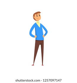Young man standing holding hands on his waist and looking at something vector Illustration on a white background