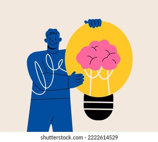 Young man standing holding huge light bulb. Plagiarism and thieving ideas concept. Colorful vector illustration
