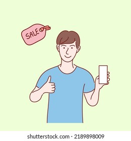young man standing holding a phone with a happy expression. Hand drawn style vector illustrations.