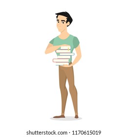 Young man standing and holding a pile of books. Idea of education and learning. Student of university or colleg. Isolated vector illustration in cartoon style