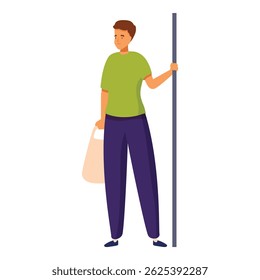 Young man standing and holding shopping bag is waiting for train in subway