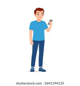 Young Man Standing Holding Smartphone Smiling in Casual Clothes Illustration