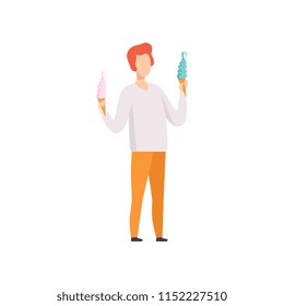 Young man standing and holding two ice cream in wafer cone, guy enjoying eating of frozen summer dessert vector Illustration on a white background