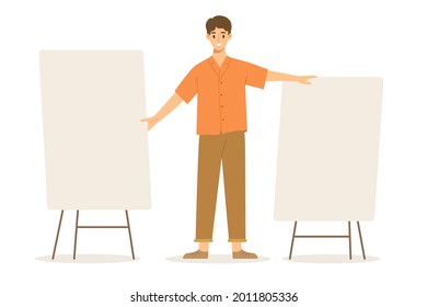 Young man standing and holding two blank board. Concept of announcement, promotion, advertising, banner sign, editable space to put copy message, presentation. Flat vector illustration character.