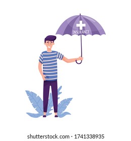 Young Man Standing and Holding Umbrella with Floral Leaves Behind Her Vector Illustration