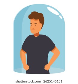 Young man standing inside glass dome, concept of safety, protection and isolation