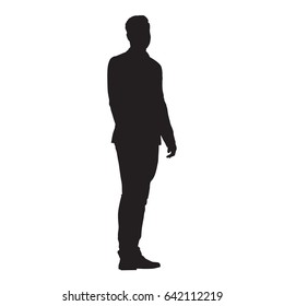 Young man standing in jacket, vector isolated silhouette