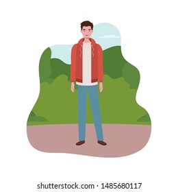 young man standing with landscape background
