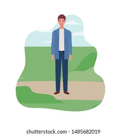 young man standing with landscape background