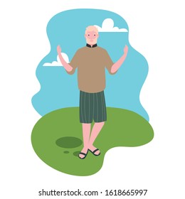 young man standing with landscape background vector illustration design