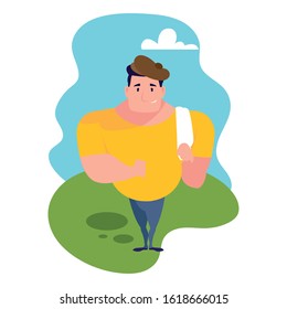 young man standing with landscape background vector illustration design