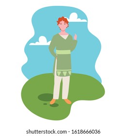 young man standing with landscape background vector illustration design