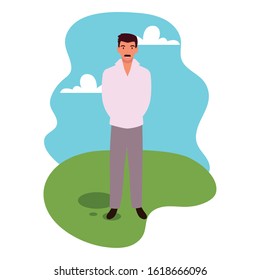 young man standing with landscape background vector illustration design