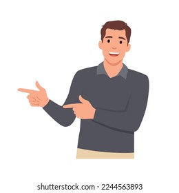 Young man standing looking at camera and pointing with two hands and fingers to side. Flat vector illustration isolated on white background