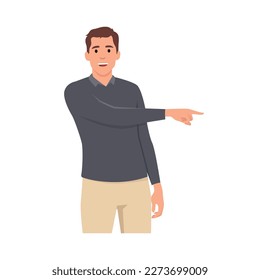 Young man standing looking at camera and pointing with two hands and fingers to side. Flat vector illustration isolated on white background