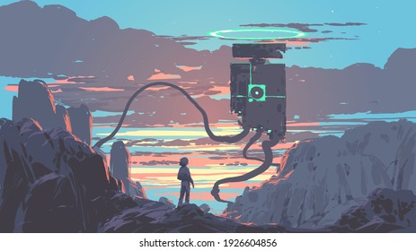 young man standing and looking at a giant sentinel robot, vector illustration