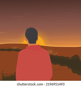 Young man standing looking at the morning sunrise with hope. Vector illustration. The concept of living there is always hope or living consciously.