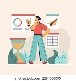 Young man standing and looking for new ideas. Concept of idea generation and brainstorming at work. Organizing schedule plan, diagram and calendar appointments. Vector illustration in flat design