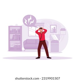 The young man is standing in the lounge, holding his head, feeling unhappy and having a migraine. Trend Modern vector flat illustration.