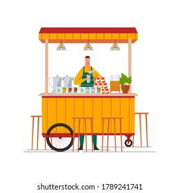 Young Man Standing at Market Stall, Small Business, Drink Cart, Street Food