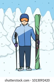 Young man standing with mountain skis at background of snow-covered forest. Winter sport. Vector character illustration.