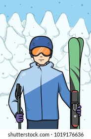 Young man standing with mountain skis at background of snow-covered forest. Winter sport. Vector character illustration.