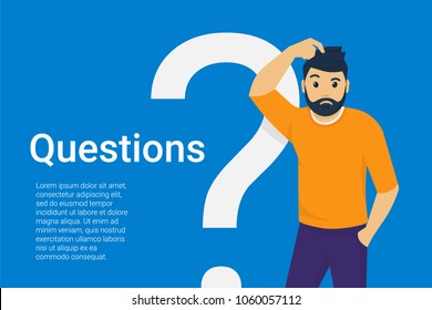 Young Man Standing Near Big Question Symbol And He Needs To Ask Help Or Advice Via Live Chat, Help Desk Or Faq. Flat Concept Vector Illustration Of Online Support On Blue Background