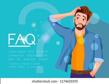 Young man standing near big question symbol and he needs to ask help or advice via live chat, help desk or faq. Flat concept vector illustration of online support on blue background