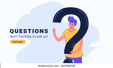 Young man standing near big question symbol and gesturing. Flat modern concept vector illustration of people who needs professional help, support or more information. Casual design on white background