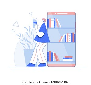 Young man is standing near big smartphone and reading book. Online library app concept. Flat vector illustration.