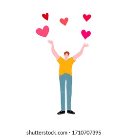 Young man standing near big red flying hearts and expressing love