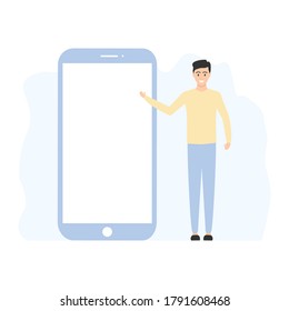 Young man standing near big phone. Copy space on white empty smartphone screen. Presentation by businessman vector illustration. Happy man showing on mobile phone.