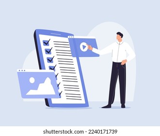 Young man standing near big smartphone and using smart phones, reading news and texting message to friends. Flat vector concept illustration of smartphone usability on background. Social network, SMM