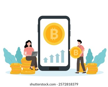 young man standing near big smartphone and holding bitcoin cryptocurrency money in hand and young woman using laptop for online funding and making investments for bitcoin. Digital Money.Cryptocurrency