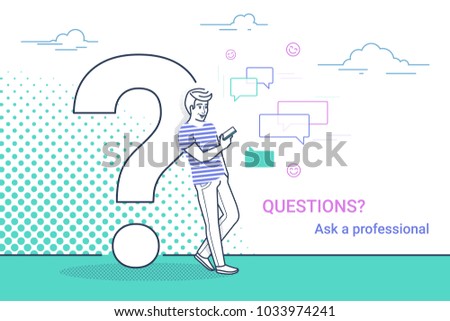 Young man standing near big question symbol and using smartphone for texting to live chat, asking help via internet. Concept line vector illustration of online support on white background with dots