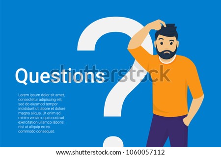 Young man standing near big question symbol and he needs to ask help or advice via live chat, help desk or faq. Flat concept vector illustration of online support on blue background
